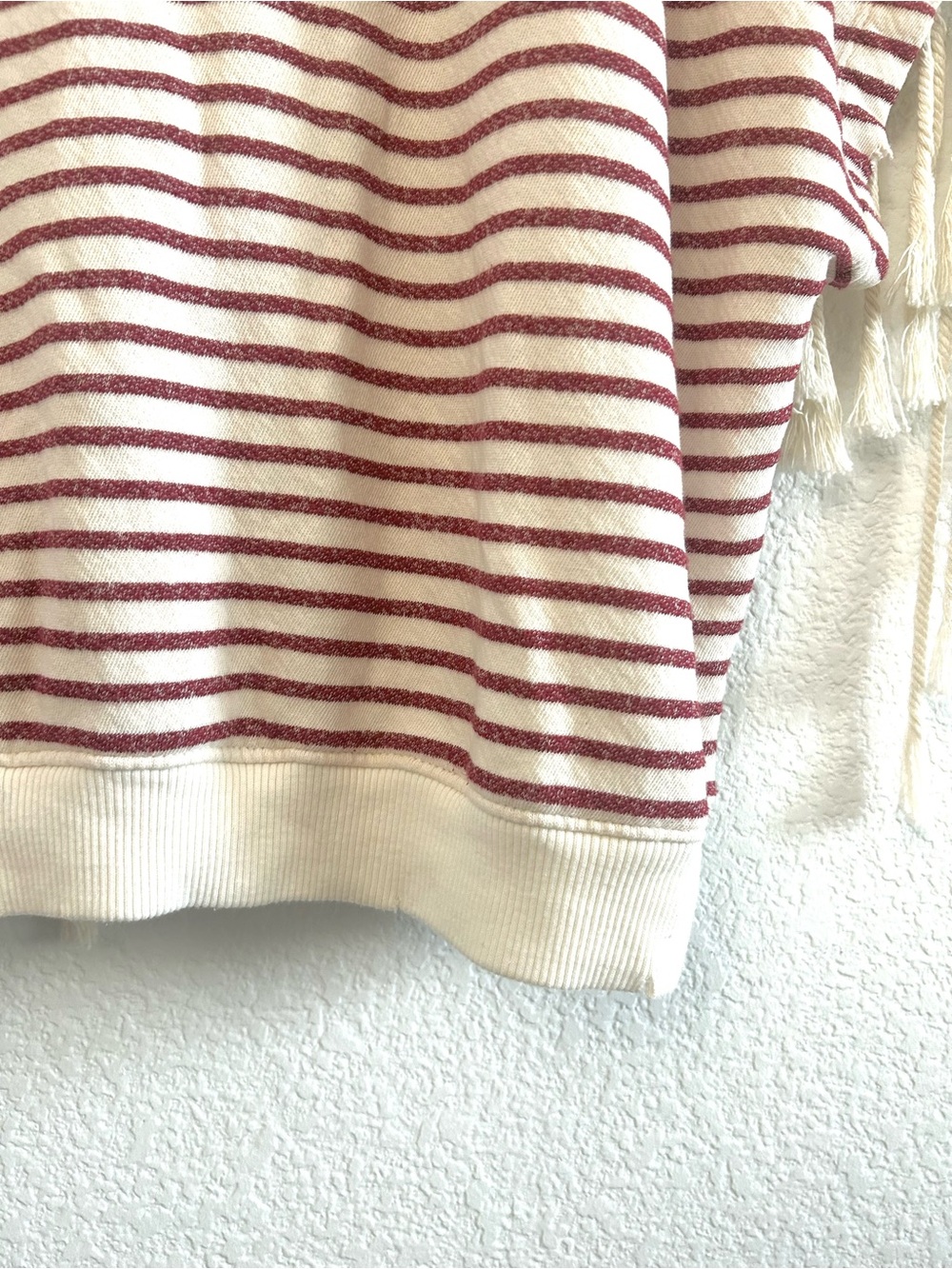 Sun Days BurgundyIvory Striped Hooded Poncho Top Distressed Trim Boho Oversized - Picture 9 of 12